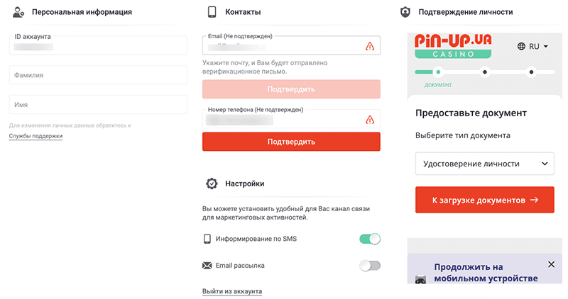 Настройки личного кабинета pinup casino и верификация 